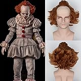 Unisex-Pennywise-Cosplay-Perücken für Männer, kurzes, braunes, gewelltes Haar mit künstlicher Kopfhaut, Halloween-Kostüm-Perücken, Glatze, Cosplay-Perücke für Erwachsene