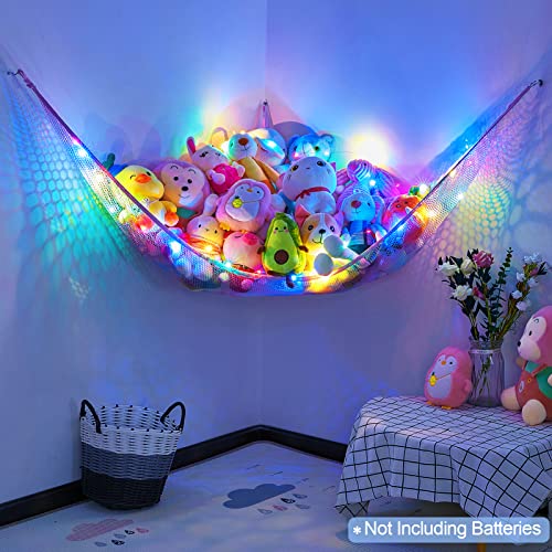 Basumee Stuffed Animals Net Or Hammock With Led Light Hanging Toy Net Hammock For Stuffed Animals Storage Stuff Animals Hammocks For Nursery Kids Room With Remote Control, 8 Kinds Of Lights, Blue Purple #TOP3