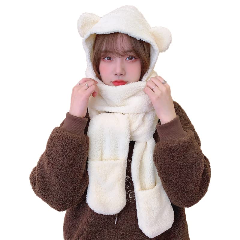 Winter Warm Fuzzy Long Hooded Hat Scarf and Gloves Set Kawaii Bear Ears Earflap Plush Thick Fleece Costume Accessories