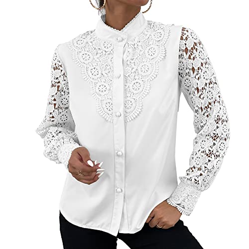 Rooscier Women's Lace Crochet Mock Neck Long Sleeve Button Elegant Blouse Shirt Top2