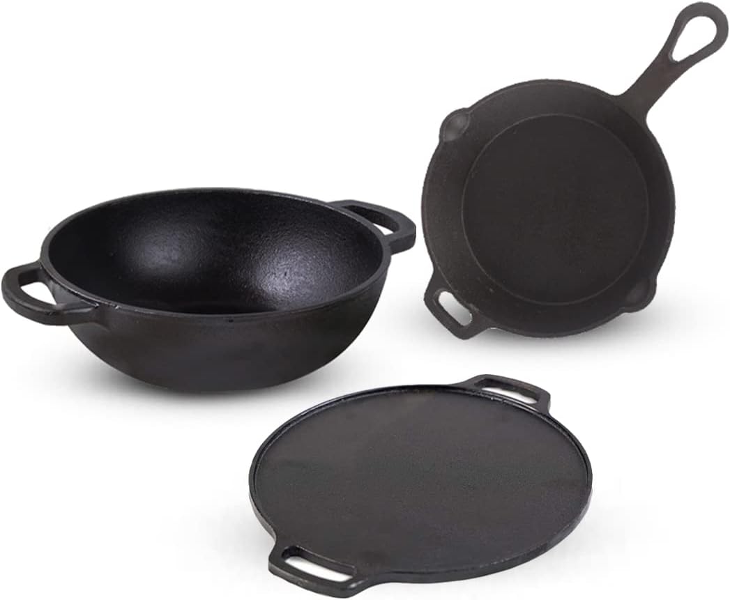 The Indus Valley Cast Iron Kadai for Cooking & Deep Frying with Flat Handle| Gas & Induction Friendly|Pre-Seasoned 100% Toxin-Free (Pre-Seasoned, Kadai(10 inch)+Skillet(9inch)+Tawa(12inch))