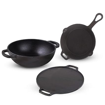 The Indus Valley Pre-Seasoned Cast Iron Cookware Set | Tawa (30 cm) + Kadai (25.4 cm/2.3L) + Fry Pan (23 cm/1.4L) | Kitchen Cooking Combo Pots and Pans Set of 3Pcs | Naturally Nonstick