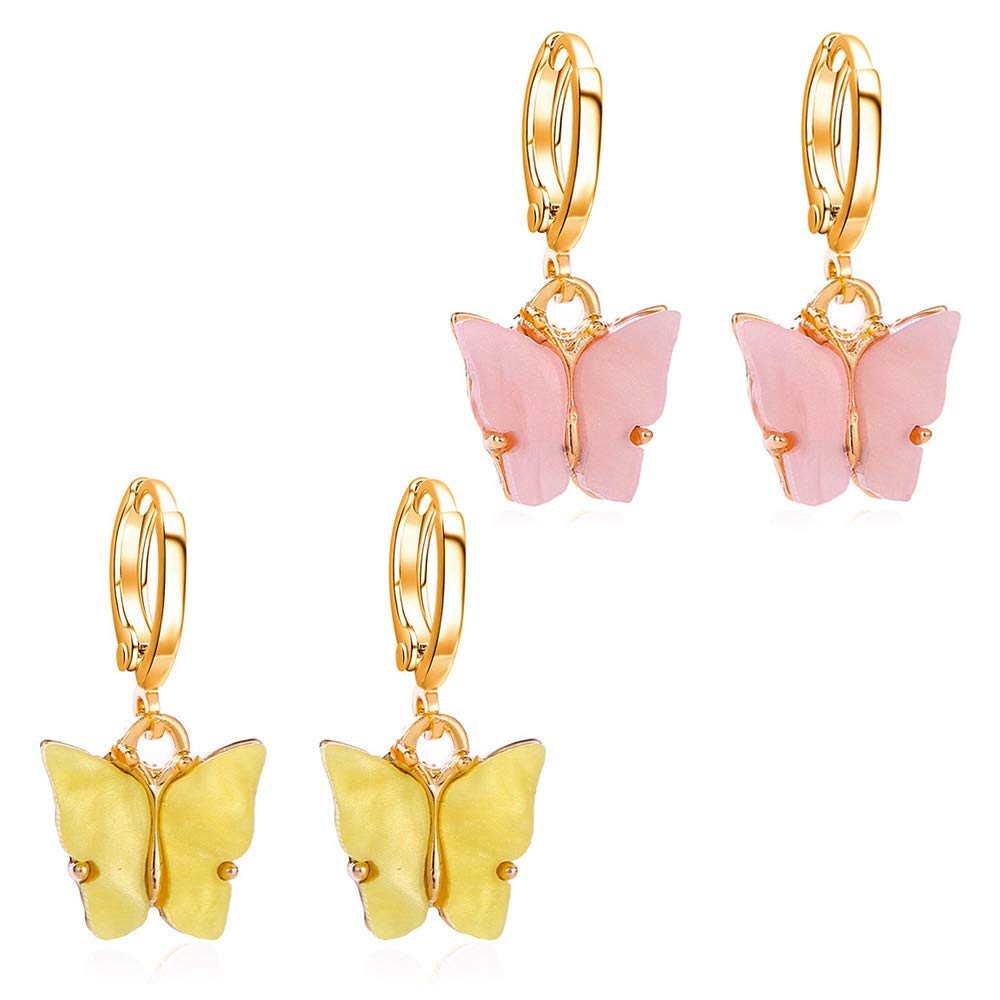 HUJUON 2PCS Butterfly Hoop Earrings Set, Acrylic Gold Butterfly Wings Huggie Earring,Cute Insect Butterfly Dangle Earrings for Women Girl's Jewelry