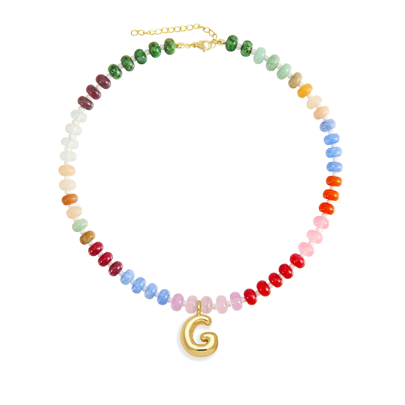 J&C DIY IMAGE Bubble Letter Pendant Charm Necklace for Womens, Handmade Trendy Initial Necklaces Choker,14K Gold Colorful Natural Stone Beaded