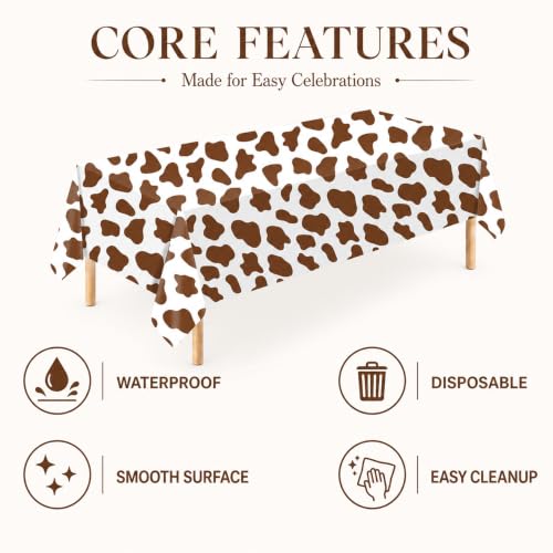 Image of 6 Pack Brown Cow Print Plastic Tablecloths, 54 x 108 Inch Table Covers