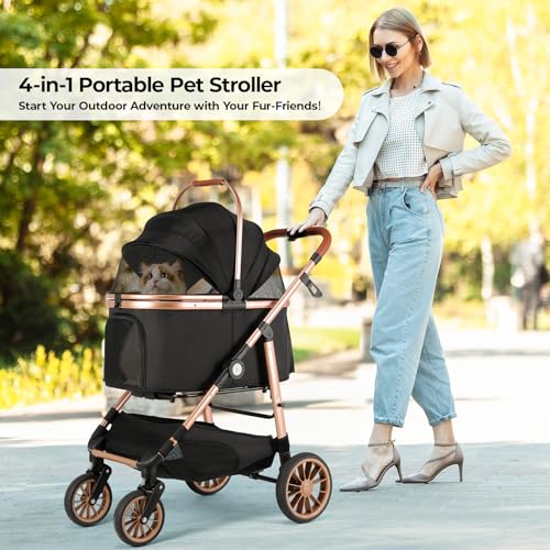 MAMIZO 4 in 1 Hundewagen, Hundebuggy bis 25kg, 4 PCS Gummiräder mit Stoßdämpfung, Faltbar Hund Kinderwagen, Hunde Buggy, Hundebuggy Hunde, Hundebuggy Geländegängig, Katzenwagen (Schwarz)