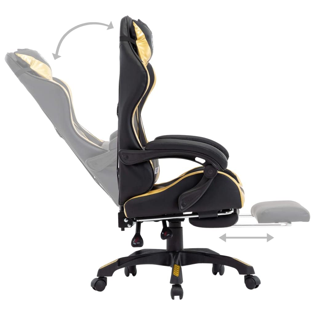Silla de gaming con reposapiés, color dorado y negro, piel sintética, altura regulable, ergonómica, giratoria con soporte para la cabeza y lumbar, para trabajar cómodamente y jugar en la