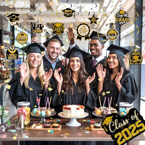 Image of Graduation Hanging Swirls, 30 PCS Graduation Decorations Class of 2025, Black and Gold Graduations Party Decoration Congrats Grad Hanging Swirls Ceiling Streamers for School Graduations Party Supplies