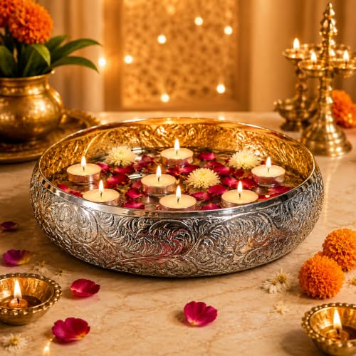 Image of TIED RIBBONS Urli Bowl (Aluminium, 9.8 Inch X 3.4 Inch) - Home Decoration Items for Ganesh Chaturthi Living Room Pooja Room Uruli Bowls Aesthetic Decorative Items for Home Decor - House Warming Gifts