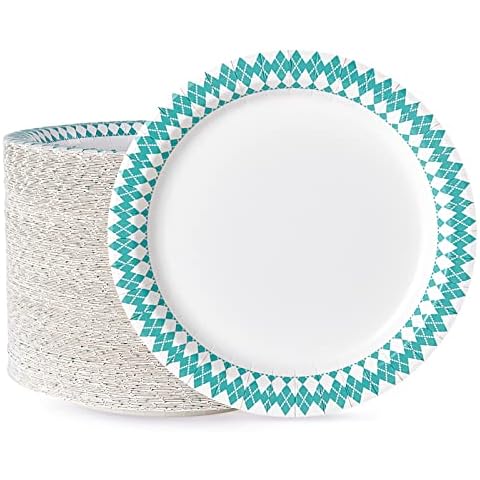 8.37 inch Disposable Paper Plates, 360 Count Dinner Paper Plates,Soak-Proof Disposable Plates, Cut-Proof Heavy Duty Paper Plates for Everyday Use,Blue Diamond Pattern Rim Design Cover