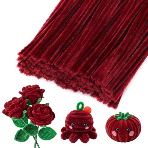 Caydo 100PCS Pipe Cleaners for Flowers Making Wine Red Chenille Stems Bulk for Home Decorations and DIY Craft Projects (12 Inch x 6 mm)