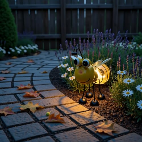 Ptxbeemyd Solar-Bee Light - Metal LED Outside Bugs Outdoor Statues Figurine Lights Decorations for Patio Balcony Yard Ornament Housewarming 1PC-Yellow