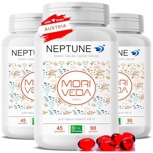 MoriVeda NEPTUNE Cápsulas de aceite de krill, suministro para 135 días, con omega 3, 6 y 9 (EPA/DHA), antioxidantes, vitamina E y colina, certificado por el MSC y sostenible, 3 x 90 cápsulas blandas