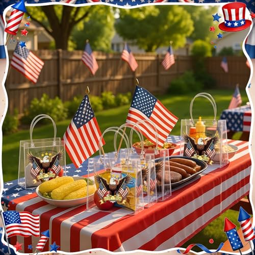 Image of Teenyyou 24 Pcs 250th Anniversary Clear Gift Bags with Handles 4th of July Patriotic USA Eagle Transparent Tote Bags Memorial Day Goodie Candy Treat Gift Container for Independence Day Party Supplies