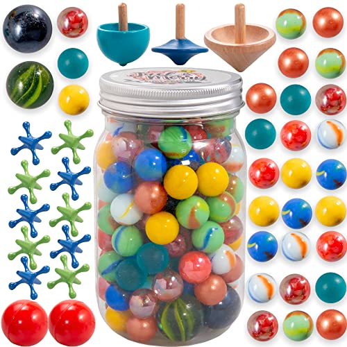 Marbles-110 Marbles for Kids,10 Marble Styles in Bulk,Shiny Glass Marbles,Marbles Bulk for Kids,Canicas Game,Large,Small Marbles,Marbles Game with Shooter Marbles in a Jar,Jacks Game with Ball,Tops