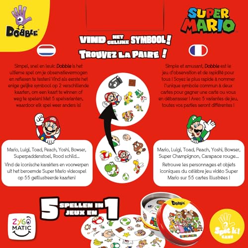 Asmodee - DOBBLE : Super Mario - Jeu de Société de Rapidité et d'Observation - Jeux de Cartes Familial - Jeux Enfants dès 6 Ans - Boite Métal - 15 Min - 2 à 8 Joueurs - Multilingue - Zygomatic