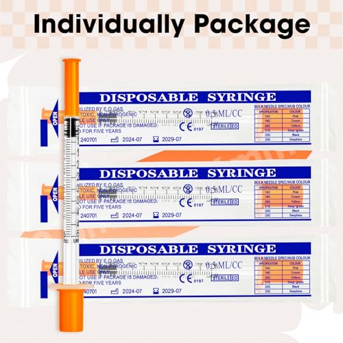 Image of 0.5ml Syringe with Cap, 31G 1 /4 inch 6mm 1 /2cc Syringes, Disposable Individual Package, Pack of 100