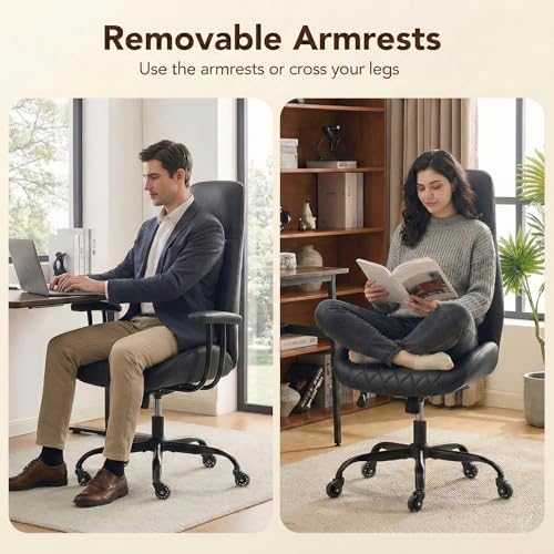 Image of E-Motie Office Chair with Rubber Wheels, Ergonomic Computer Chair 500 lbs, Leather Desk Chair with Lumbar Support, Executive Chair Adjustable Height & Recline, Black