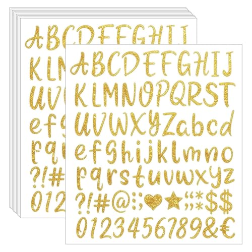 810 Pcs 1 Inch Gold Glitter Letter Stickers 10 Sheets Small Vinyl Waterproof Self-Adhesive Alphabet Number Stickers for Graduation Cap Scrapbook Water Bottles Crafts (Gold)