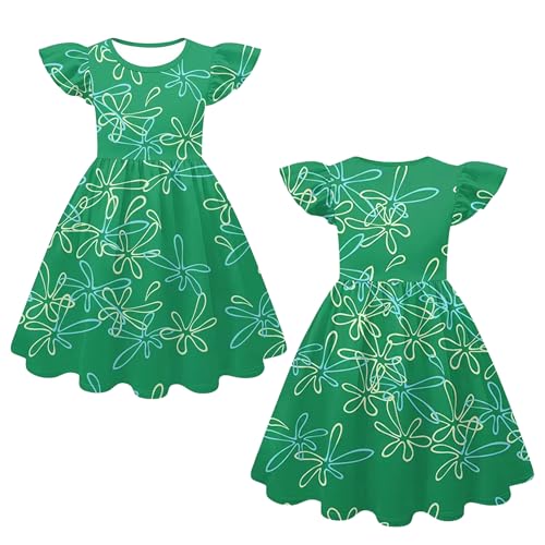 Disgust’s Dress with Green Floral Patterns,Ruffle Sleeve Dresses Headband and Glasses Christmas Birthday Outfit2