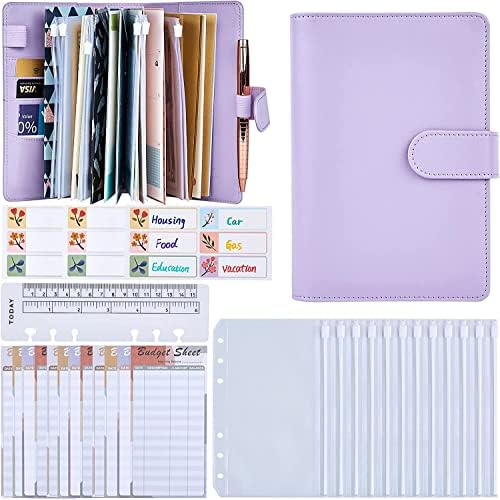 A6 Cash Envelopes Binder Wallet, PU Leather Budget Planner Notebook with 12Pcs Zipper Pockets, 12Pcs Expense Tracker, Purple Coupon Organizer Lose Leaf Cash Binder for Budgeting