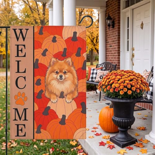 Image of Pomeranian Flag for Yard Outdoor, Pumpkins Fall Decor