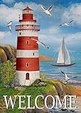 Covido Home Decorative Welcome Lighthouse Garden Flag, Coastal Seagull Birds House Yard Beach Nautical Sailboat Outside Decoration, Spring Summer Ocean Outdoor Small Burlap Decor Double Sided 12 x 18
