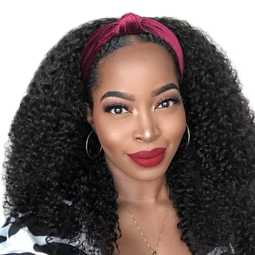 XSY Headband Wig Human Hair Kinky Curly Headband Wig Human Hair Wigs for Black Women None Lace Front Wigs Deep Curly Human Hair Wigs 150% Density Natural Black Color 18 Inch