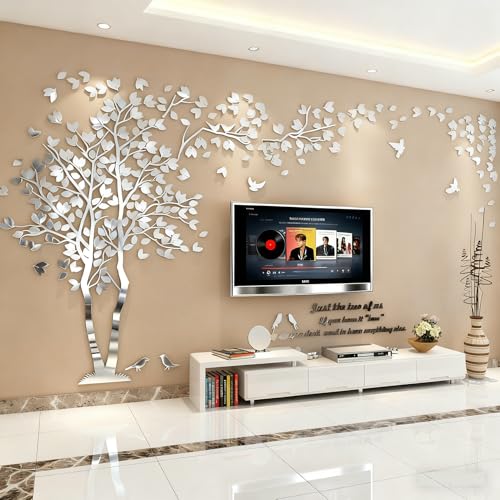 Wandtattoo Baum 3D DIY Wall Stickers Wandaufkleber Wandtattoo Wohnzimmer Schlafzimmer Family Wandsticker für Treppen Halle (Silber Links,XL-400 * 200cm)
