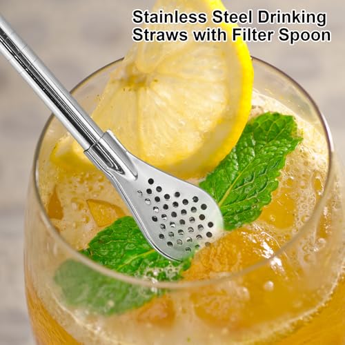 Miniatura 4 de 4 Piezas Cuchara De Filtro De Paja De Acero Inoxidable Extraíble, Cuchara De Paja De Metal Reutilizable Con 2 Cepillos De Limpieza Para Beber Té Suelto, Café Helado Plata