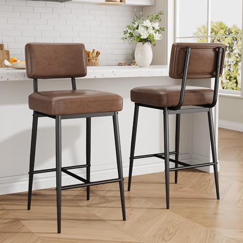 Image of GarveeHome Bar Stools Set of 4, 26 inch Brown Faux Leather Counter Height Bar Stools with Backs, Modern Upholstered Barstool Chairs with Metal Legs for Kitchen Island, Home Bar, Dining Room