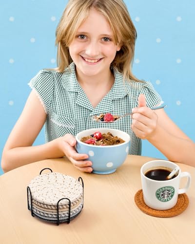 قواعد أكواب مشروبات مع حامل، قواعد أكواب ماصة للمشروبات، مجموعة قواعد أكواب قطن منسوجة لطاولة القهوة وديكور المنزل والبار، 8 قطع، 8 ألوان، 11 سم