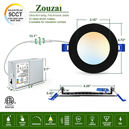 Zouzai 12 Pack 4 Inch Black 5Cct Ultra-Thin Led Recessed Ceiling Light With Junction Box, 2700K/3000K/3500K/4000K/5000K Selectable, 9W Eqv 80W, Dimmable, Led Can Lights - Etl And Energy Star Certified #TOP2