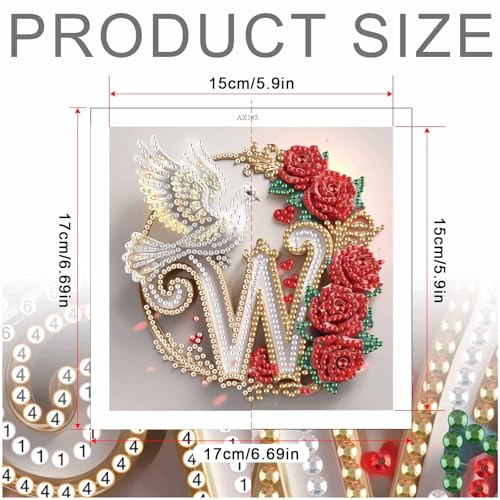 Image of AiYuanzsh 5D Diamond Art Kits Letter W, Whimsical Rose & Dove Monogram Special Shape Diamond Painting for Adults, Luxury Diamond Art for Adults DIY Paint by Diamonds for Wall Display 17x17cm