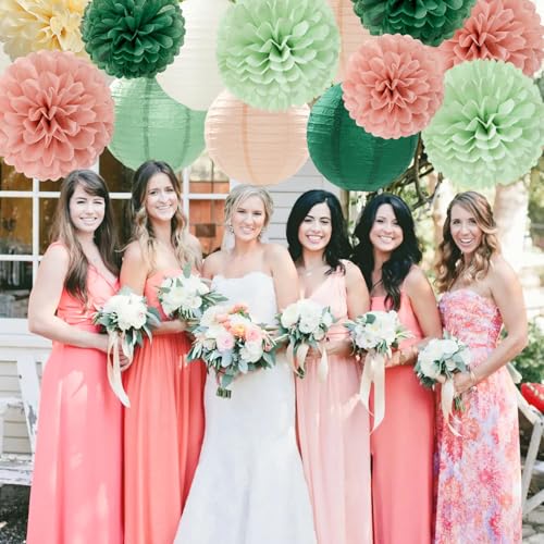 Image of Sage-Green Pink Party-Decorations Paper-Flowers Lanterns - 15PCS Birthday Boho Rustic Tissue Pom Poms Streamers,Baby Shower Neutral Wedding Graduation Bridal Safari Hanging Supplies Decor Hugfond