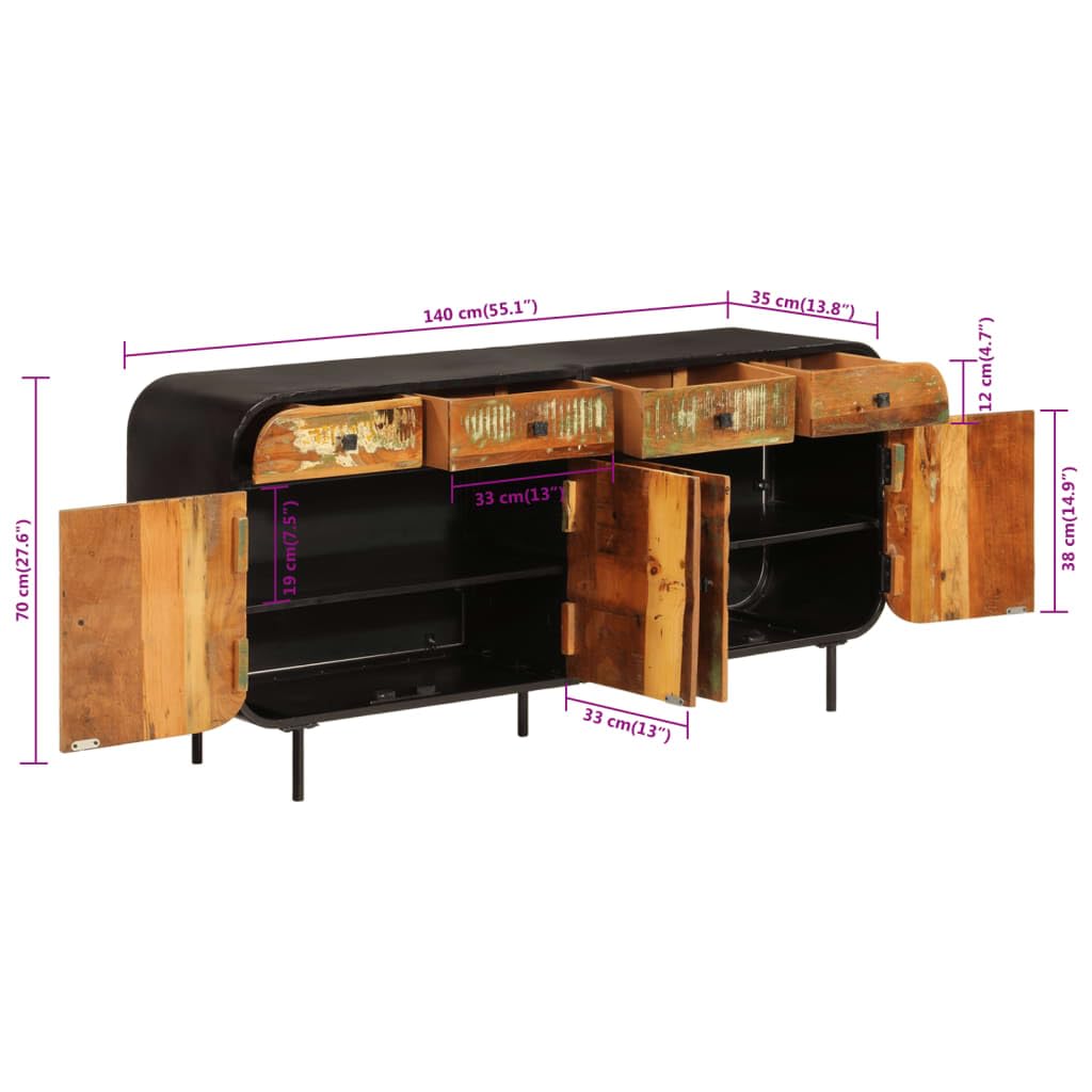 Credenza in Legno Massello di Recupero 140x35x70 cm con Struttura in Metallo Robusta per Soggiorno Cucina Ingresso E Legno Riciclato, Mobile Organizzatore e Ripiano