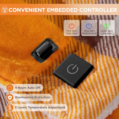 Image of Westinghouse Heated Car Blanket with 3 Heating Levels, 4 Hours Auto Off, 12 Volt Electric Blanket for Car, Truck, SUV, RV, Machine Washable, 59 inch x 43 inch (Orange Buffalo Plaid)