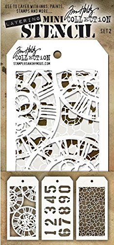 Tim Holtz - Nine Mini Layering Stencils - Industrial, Gears, Plus, Clockwork, Numbered, Crackle, Typo, Splatters and Bricked - aka sets 1, 2 & 3