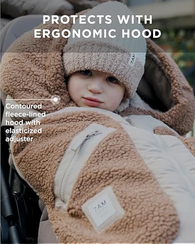 Image of 7AM Enfant Stroller & Carseat Footmuff - Adjustable Winter Car Seat & Stroller Zipper Blanket for Boy & Girl, Multi Purpose Fleece Lined Warm Hooded Sleeping Bag for Baby (Oat, Applique Cacao)