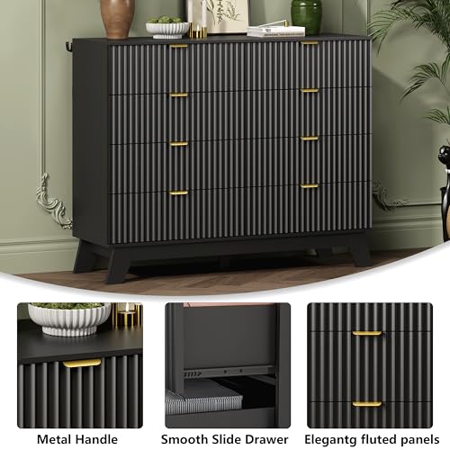 Image of Wodeer 8 Drawer Fluted Dresser for Bedroom, Mid Century Modern Dresser with 8 Drawers, Dressers & Chests of Drawers with Metal Handle, TV Stand & Storage Organizer for Entryway, Hallway, Black