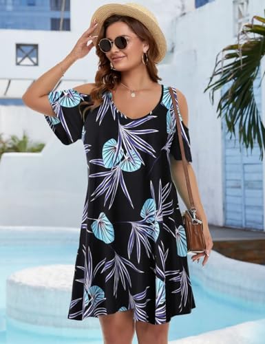 Image of JollieLovin Womens Plus Size Short Sleeve Cold Shoulder V Neck T-Shirt Dress with Pockets