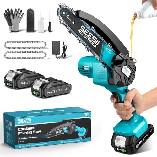 Seesii Mini-Kettensäge mit Akku, 6 Zoll, elektrische Kettensäge, kabellos, mit Schmiermittelinjektor und 2 Batterien, Mini-Kettensäge, wiederaufladbar, 2 Ketten