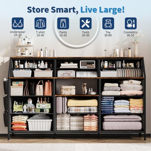 Dresser for Bedroom with 14 Drawers, 55" W Dresser with Side Pocket, Fabric Dressers & Chests of Drawers with Shelves, Sturdy Frame, Wood Top