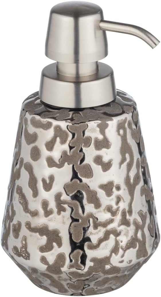 WENKO Burgos Soap Dispenser Made Ceramic with Brilliant Pattern Game, Refillable Dispenser for Hand Soap, Pump Attachment in Stainless Steel Look, Grey Brown/Platinum, Diameter 9.1 x