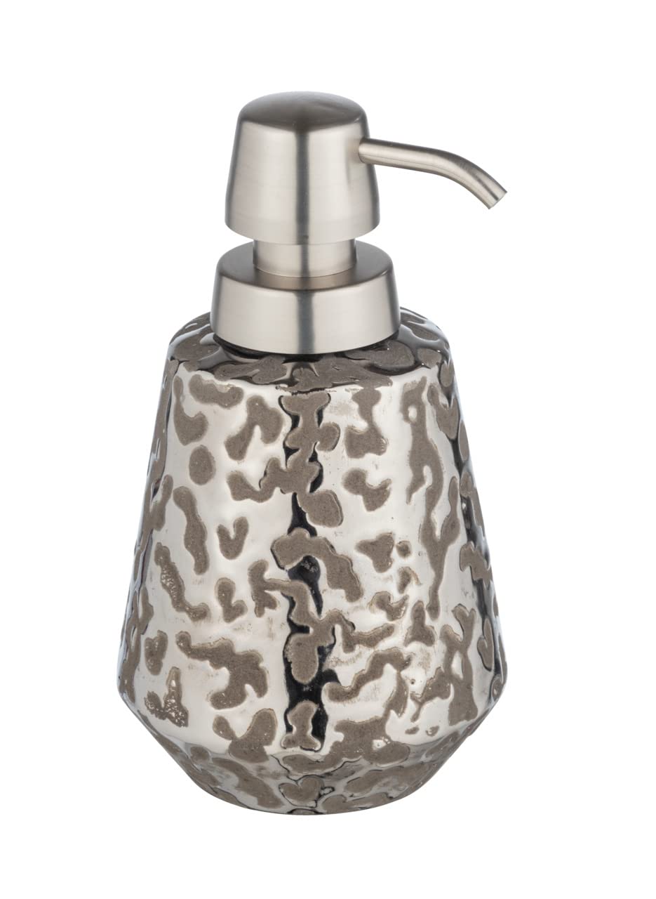 WENKO Burgos Seifenspender – Keramik-Spender mit Wabenstruktur, Ø 9,1 cm, 15 cm hoch, 350 ml, Pumpaufsatz in Edelstahl-Optik