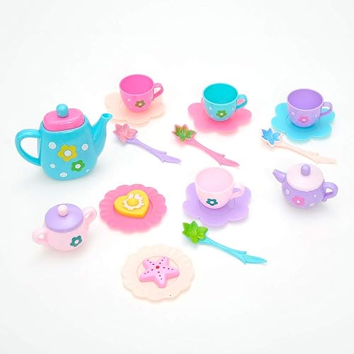Miniatura 7 de PowerTRC Juego de fiesta de té real para niños, 21 piezas de plástico sin BPA, tetera, tazas, pasteles y más, diseño floral, escala de 3-4 pulgadas,