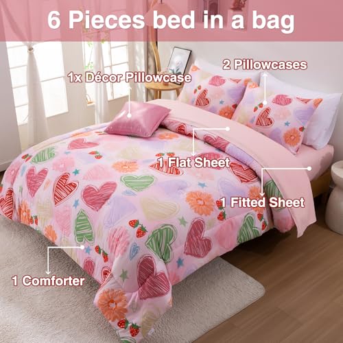 Image of A Nice Night 6 Piece Comforter Set Bed in a Bag with Comforter & Sheet Set,Watercolor Pink Bow Hearts Flower Strawberries Printed Bedding Sets Kids Girls,Twin