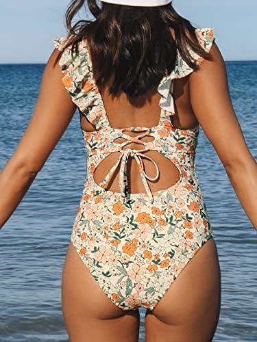 CUPSHE Women's Ruffled One Piece Swimsuit V Neck Lace Up, Orange Ditsy Print, Medium - 1