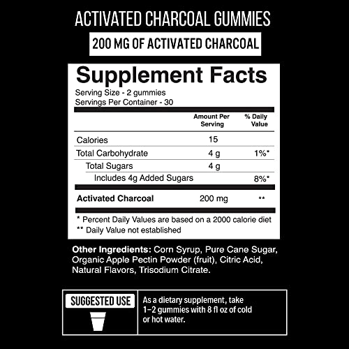 Activated Charcoal Gummies - Natural Coconut Shell Charcoal Gummy Supplements For Detox Support, Stomach Bloat & Oral Health - Gluten Free, Vegan & Pectin Based - Acai Flavor, 60 Count #TOP3