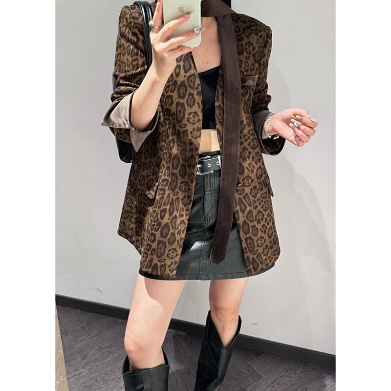 utcoco Women 2025 Trendy Leopard Blazers Business Casual Open Front Work Office Blazer Jacket with Belt4
